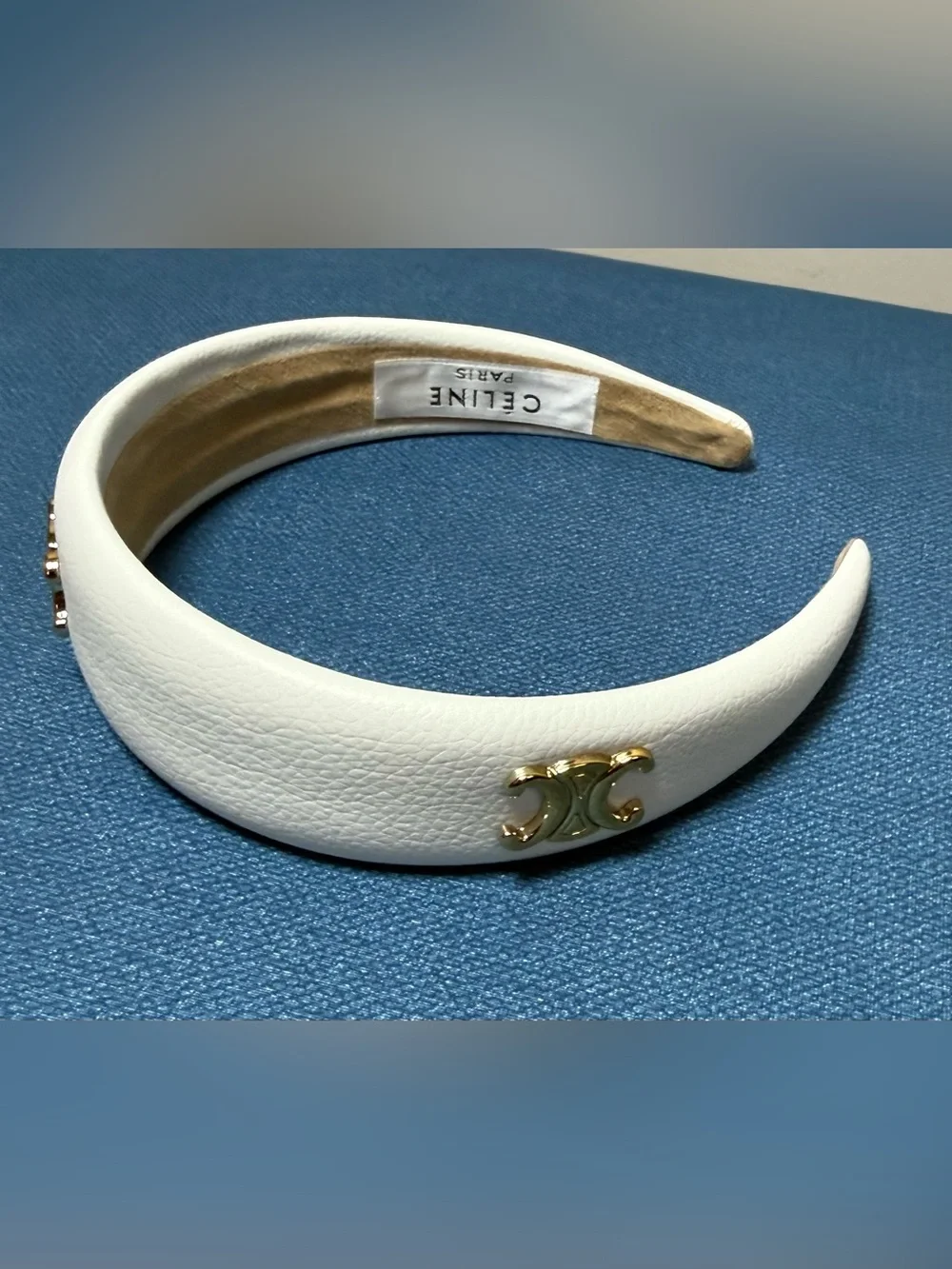 Celine white 3 gold tone Triomphe vegan leather wide headband. New